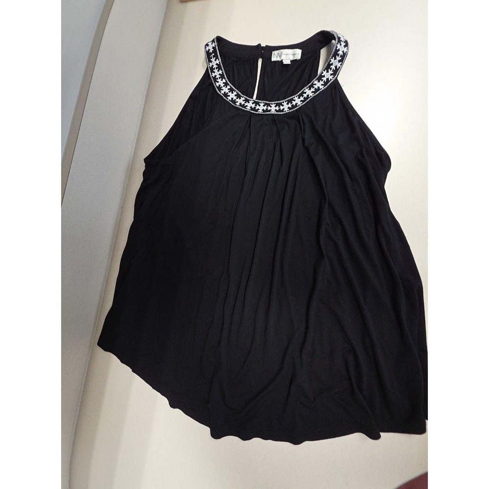 Neiman Marcus Tank Top Womens XL Black Embroidered Halter Tunic Stretch Jersey